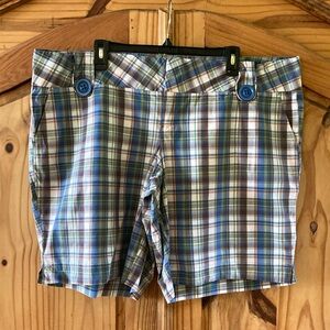 Women’s Space Girlz blue green tan plaid chino shorts size 22